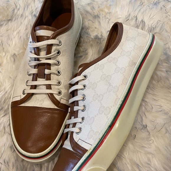 Gucci leather accented sneakers in cognac and cream. - Picture 1 of 6